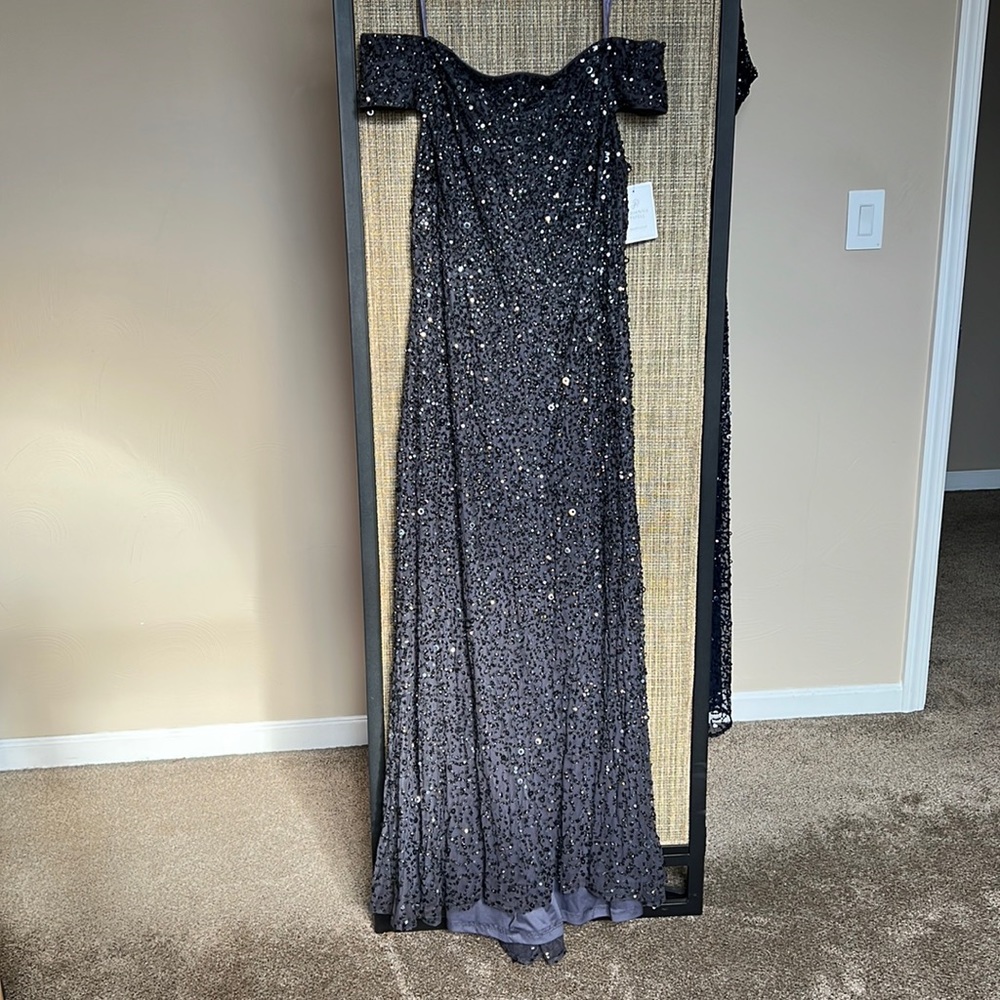 NWT- Adrianna Papell Platinum line off the shoulder long gown - Gunmetal